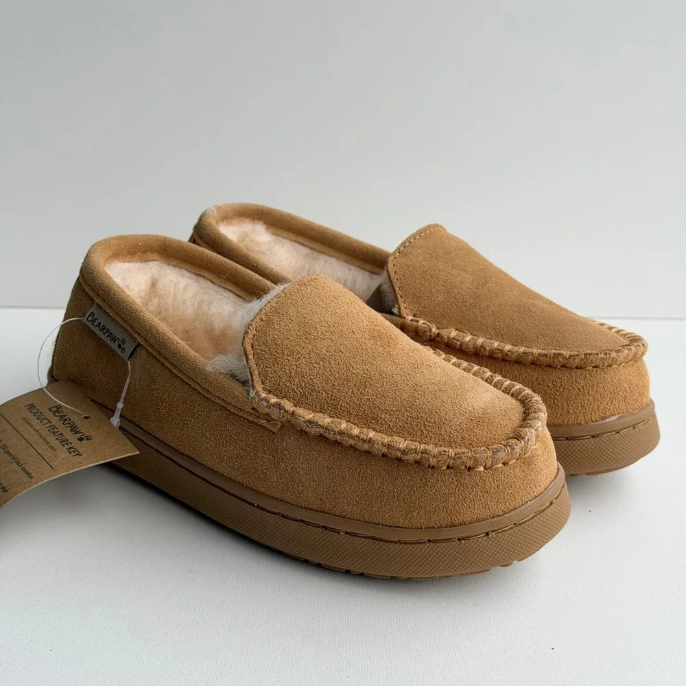 Bearpaw Jamie Youth Slippers Size 2 Iced Coffee Brown Suede Moccasins Faux Fur